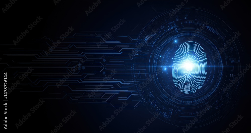 Obraz premium Digital fingerprint interface design with glowing circuit lines.