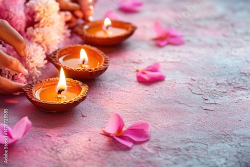 Hands arranging marigold garland near lit diya lamps for Diwali festival celebration close up eye level shot