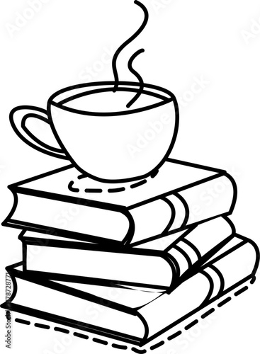 Line art of a coffee cup on stacked books, symbolizing relaxation, study, or reading time.