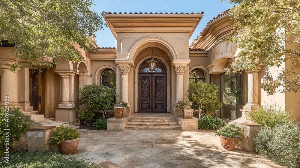 Elegant residential house entrance with classic architectural details, white columns and landscaped front yard under soft blue sky in natural daylight, representing luxury real estate and suburban hom Elegant residential house entrance with classic architectural details, white columns and landscaped front yard under soft blue sky in natural daylight, representing luxury real estate and suburban hom