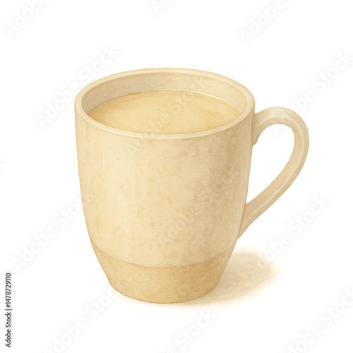 Beige ceramic cup filled with warm beverage, casting soft shadow on transparency background, evoking cozy and calm feeling