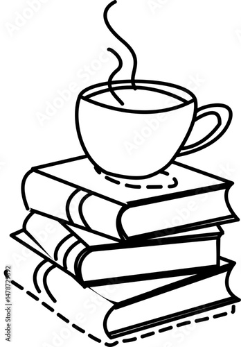 Line art of a coffee cup on stacked books, symbolizing relaxation, study, or reading time.