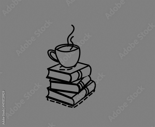 Line art of a steaming coffee cup atop stacked books, dashed-outline style, evoking calm and cozy reading vibes.