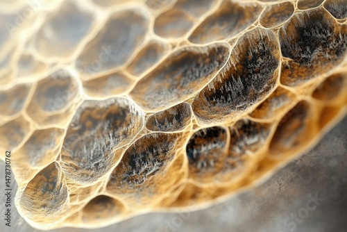 Abstract honeycomb-like structure with textured, golden-brown surfaces and intricate details.