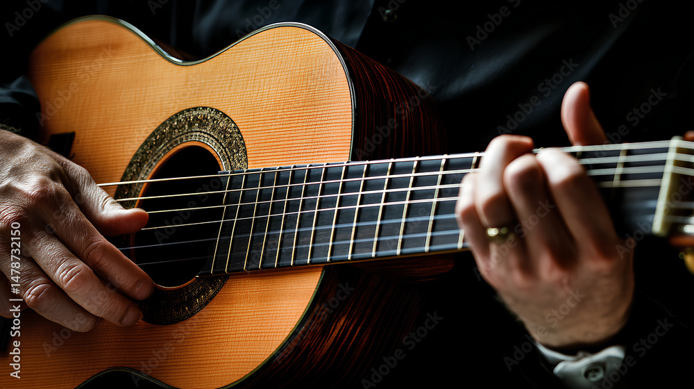 Fototapeta premium Close-up of a guitar in the hands of a musician. Copy space