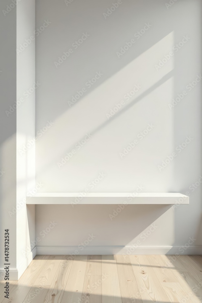 Fototapeta premium Minimalist White Shelf Against a Sunlit Wall in a Room with Light Wood Flooring