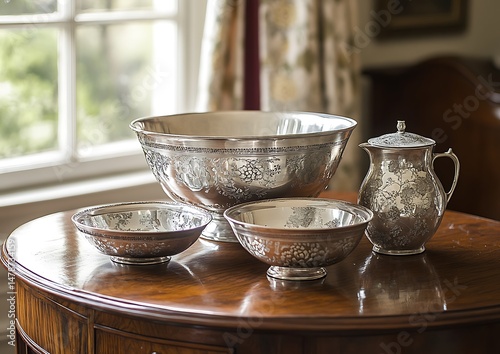Antique silver serving bowls and pitcher