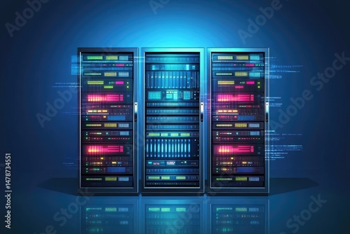 Three server racks illuminate a modern data center.