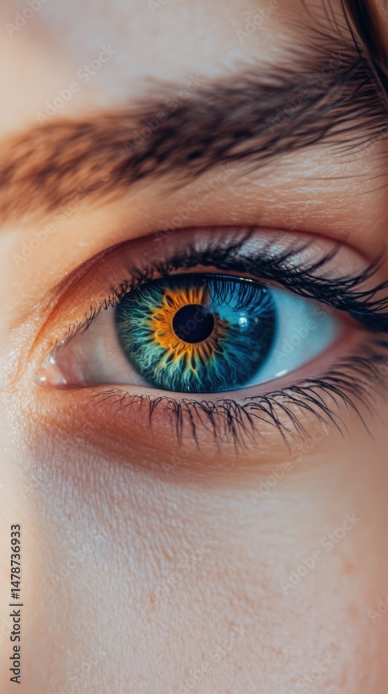 Fototapeta premium Close-up of a striking human eye with blue and orange iris looking forward in a vertical portrait
