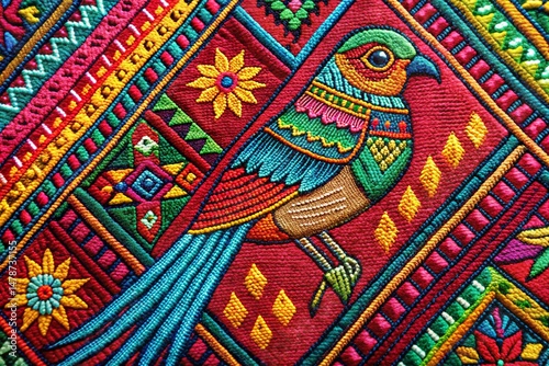 Vibrant Tribal Bird Pattern Home Decor, Colorful Ethnic Textile, Boho Chic Pillow,  Fabric Design,  Kitchen Textile