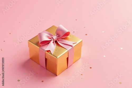 A Gold Gift Box with a Delicate Pink Bow on a Pastel Pink Background, Surrounded by Festive Confetti