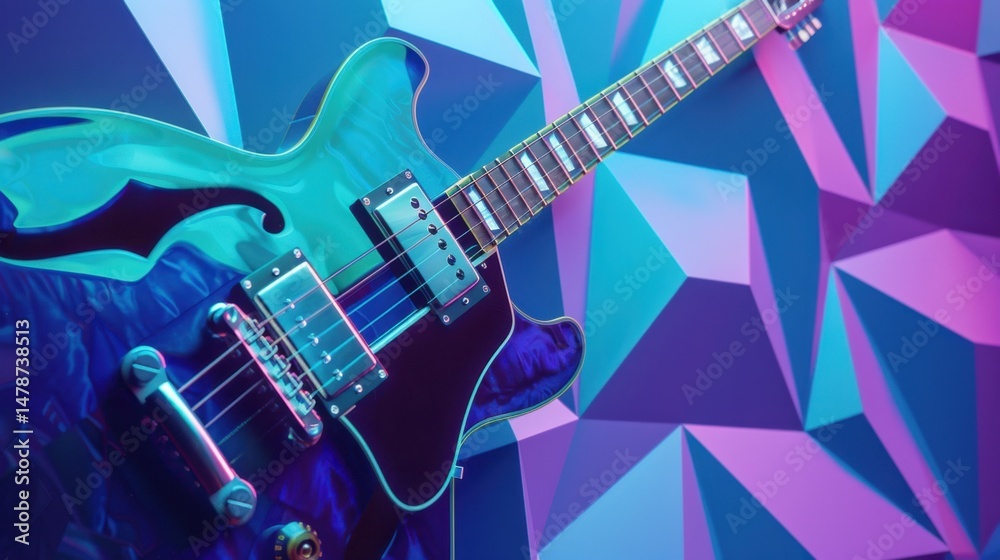 Obraz premium Electric guitar with colorful geometric background and vibrant lighting.