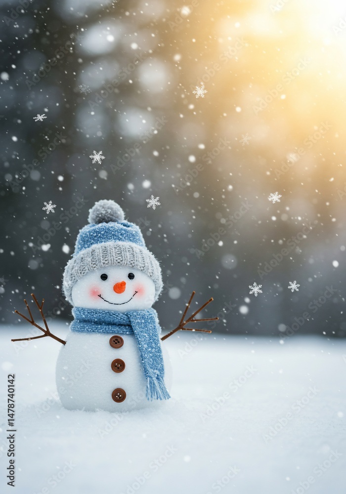 Fototapeta premium 雪景色に微笑む雪だるま 可愛いニット帽