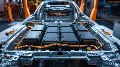 Detailed view of an electric vehicle's battery pack in an advanced manufacturing facility.