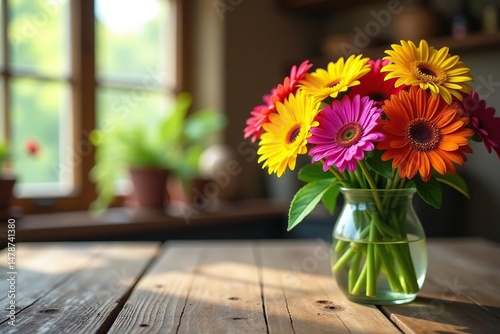 A vibrant daisy arrangement sits on a rustic wooden desktop, bathed in soft natural light , plants, tranquil, decor