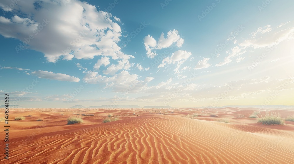 Naklejka premium Expansive desert landscape with golden sand dunes under a bright blue sky with scattered clouds.