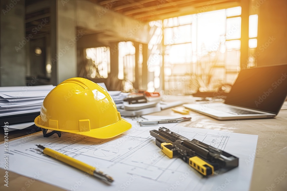 Fototapeta premium Construction blueprints and safety gear on a worktable.