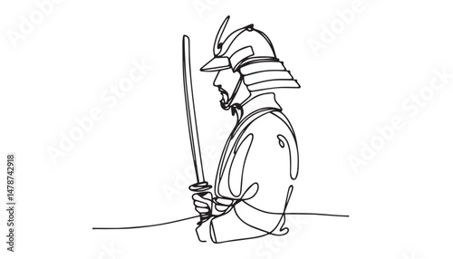 Continuous one single minimal line drawing Samurai