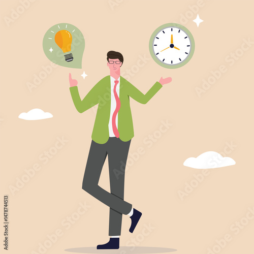 Time management, and productivity for managing schedules, and strategic planning concept illustrated by a businessman holding a clock alongside a pie chart representing daily routines.
