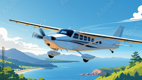 AI Generative. Light Airplane Flying Over a Scenic Landscape. 5