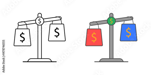 Shopping comparison icon – scales weighing two shopping bags with dollar signs, highlighting price checking, smart buying, and value comparison.