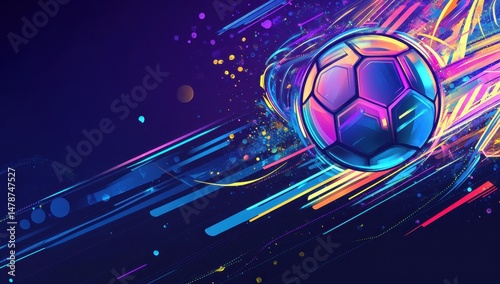 Dynamic soccer ball in vibrant neon colors.  Fast-paced motion depicted with vibrant streaks and a glowing soccer ball