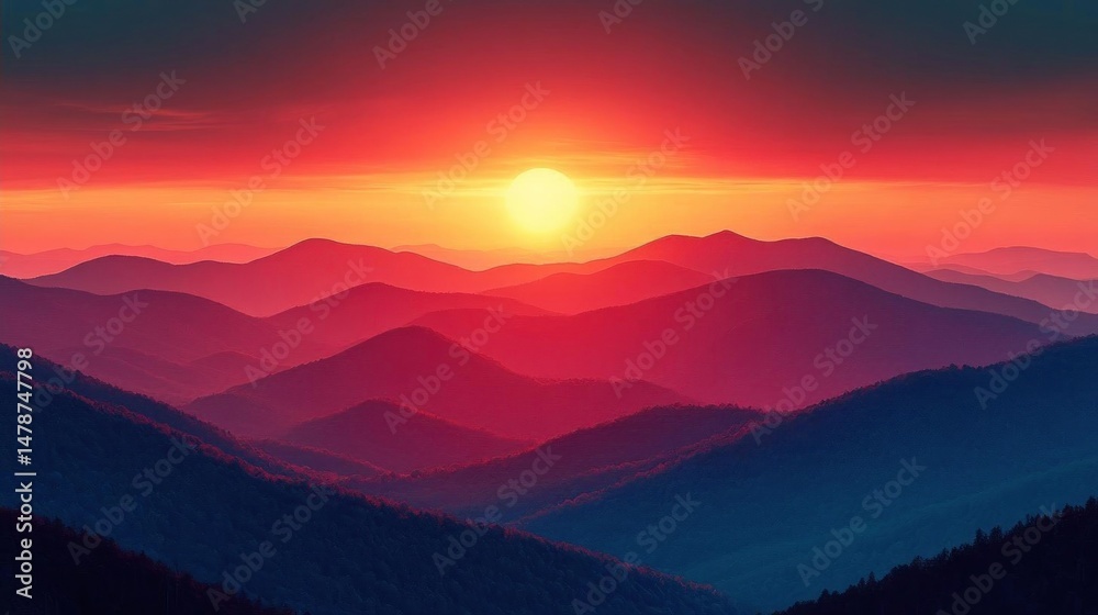 Obraz premium Majestic Sunset Over Rolling Mountain Ranges