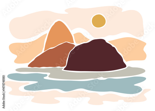 Graphic style illustration of a landscape of the city of Rio de Janeiro, Brazil.