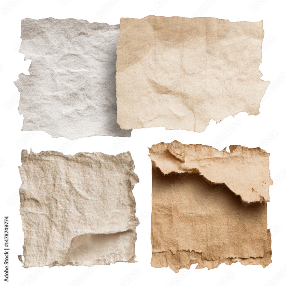 Fototapeta premium Collection of torn paper textures backgrounds variety shades old art set on transparent background