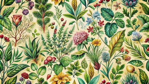 Vintage Watercolor Herb Rug Pattern Textile Design - Botanical Floral Rug Texture