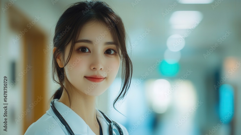 A smiling, lovely doctor stands in a hospital hallway, radiating health and compassion. A smiling, lovely doctor stands in a hospital hallway, radiating health and compassion.
