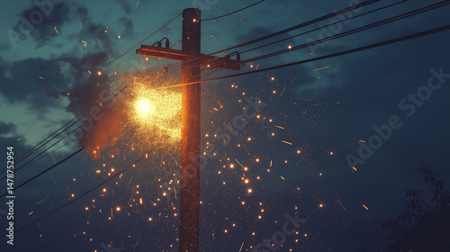 Power line electrical sparks on wooden pole, pole damaged short circuit with spark, Electric current and cloudy sky, Electric power transmission.Utility pole Electricity concept, generative ai