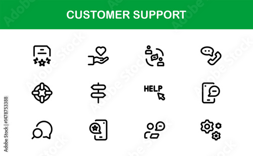 Customer Support Service Icons – Professional Vector Line Illustrations for Online Help, Chat, Call Assistance, and Technical Support Graphics