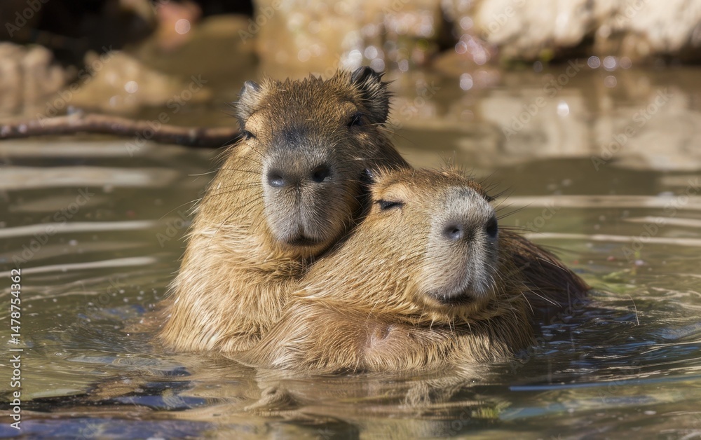 Fototapeta premium Two capybaras relaxing in a calm water body, showcasing their bond and tranquility.