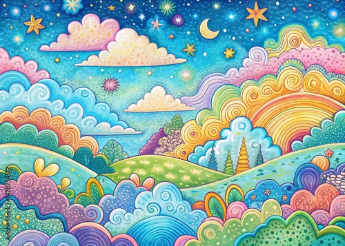 Whimsical Doodle Cloud Sky Landscape - Artistic Pastel Sky Background