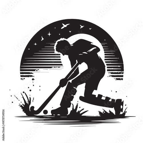 Field Hockey Silhouette line art vector illustration on white background