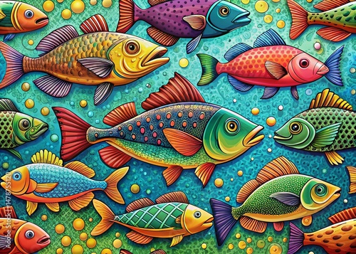 Whimsical Fish Illustrations: Line Art on Patterned Backgrounds - Stock Photo