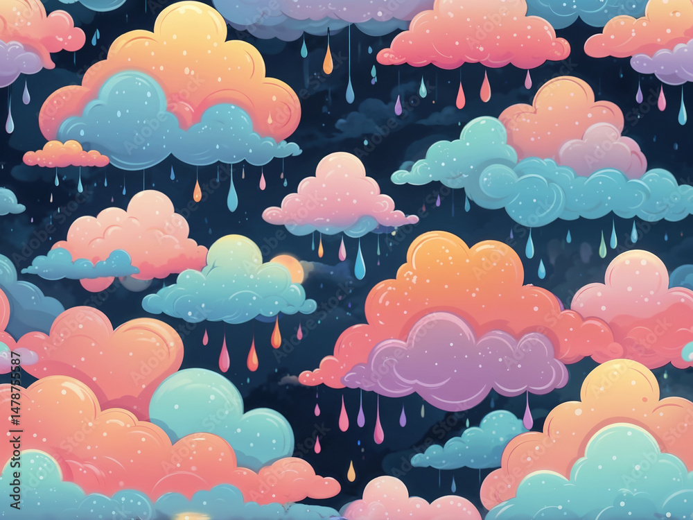 Obraz premium Abstract glow pastel Fantasy colorful illustration of cartoon pattern with colored rainy clouds background
