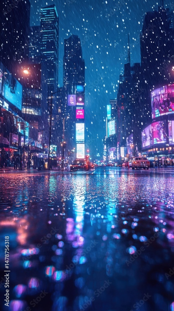 Obraz premium A bustling city street illuminated by vibrant neon lights during a snowy night.