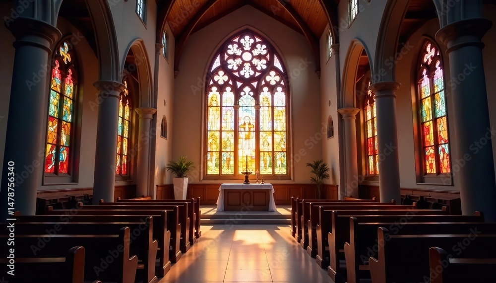 Fototapeta premium Serene church interior, stained glass illuminating altar , heaven, catholic