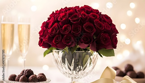 A large bouquet of crimson roses in a crystal bowl.