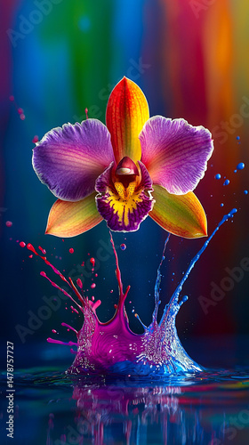 Rainbow paint splash over orchid bloom