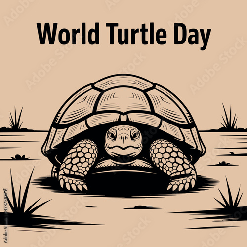 World Turtle Day Tortoise in Desert Landscape Vector Drawing