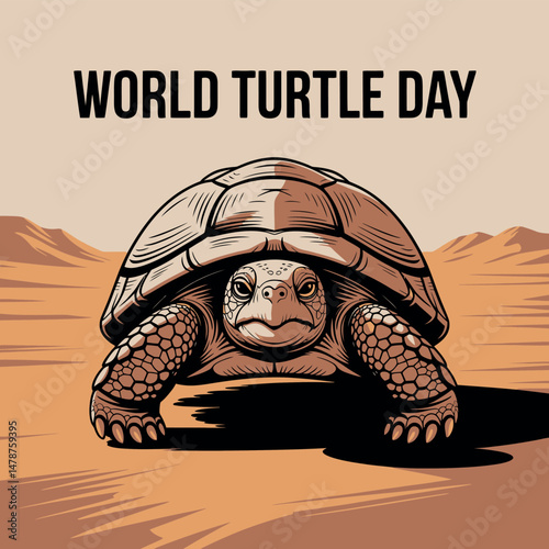 World Turtle Day Tortoise in Desert Landscape Vector Drawing