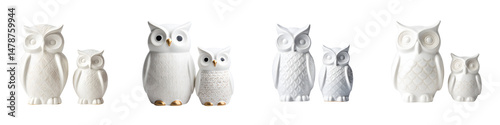 Charming white owl figurines in various sizes, showcasing intricate details and textures, ideal for home decor, gifts, and collectors, emphasizing elegance and style