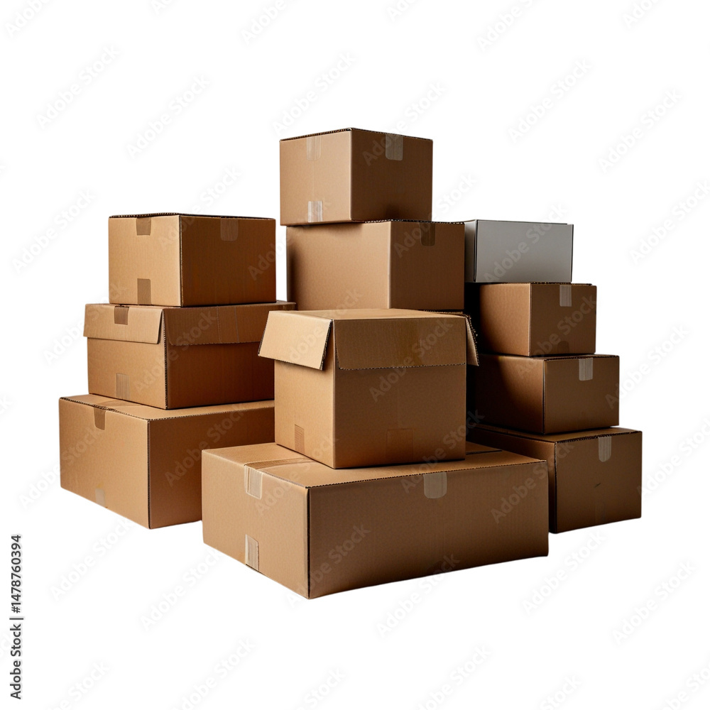 Various cardboard boxes for shipping isolated white background PNG Various cardboard boxes for shipping isolated white background PNG