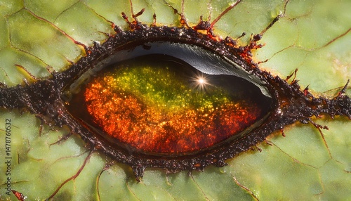 Close-up view of an eye-like structure with vibrant colors.