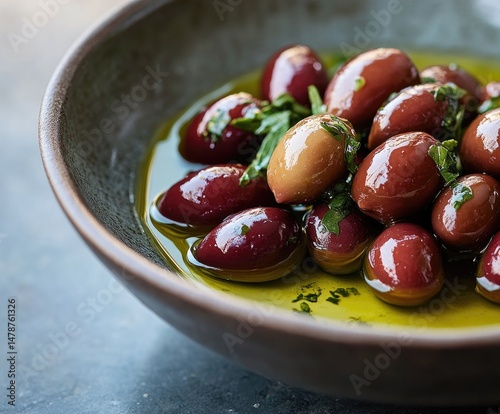 A bowl of marinated olives.  A variety of  red and green olives are bathed in oil and garnished with fresh herbs