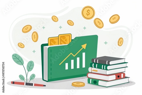 Green folder with bar chart and arrow, surrounded by books and floating coins, on white background, concept of financial education and investment.