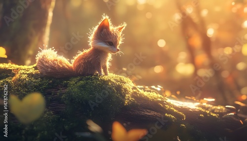 Gentle forest creature seated on mossy log in golden sunlight.